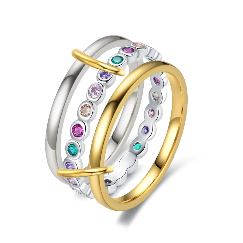 Multi-Layer Stacking Rings Set - Stainless Steel Dual Color Zircon Jewelry