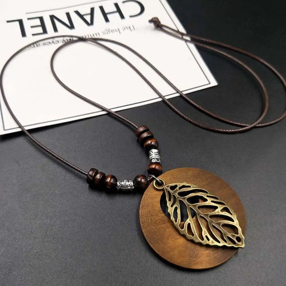 Retro Wooden Leaf Owl Necklace - Women's Long Chain with Clock Pendant Jewelry