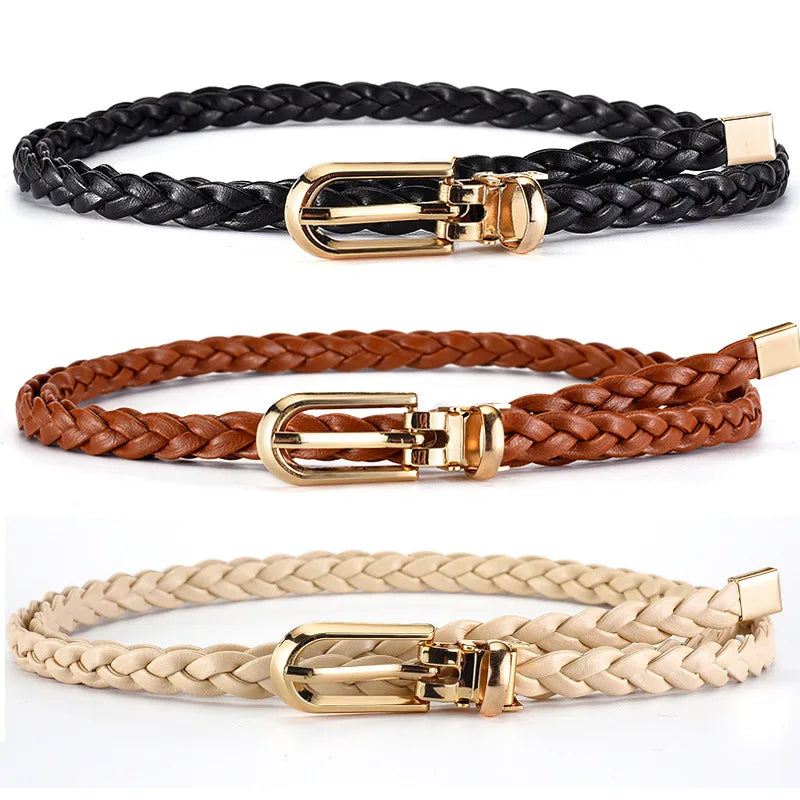 0.8cm Thin Braided PU Leather Belt - Women's Pin Buckle Waistband 110cm