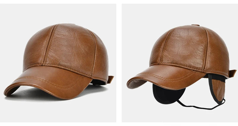 Adjustable Men's Genuine Cowhide Leather Baseball Cap - Fall Winter Sports Hat