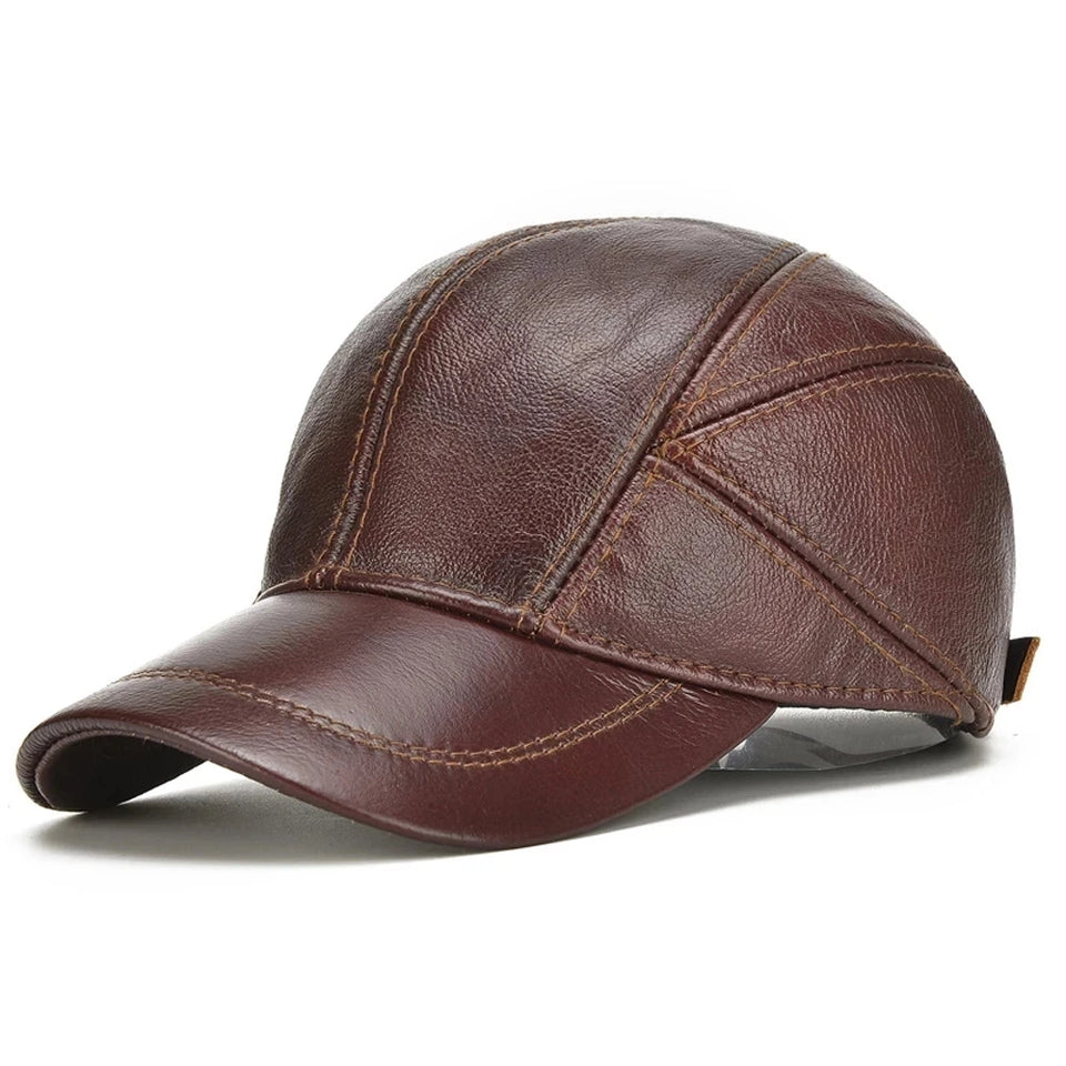 Genuine Leather Baseball Cap for Men - Cowhide Winter Hat with Earflaps