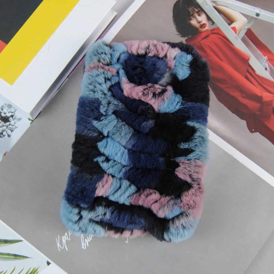 Real Rex Rabbit Fur Scarf - Women's Handmade Knit Cowl & Headband for Winter