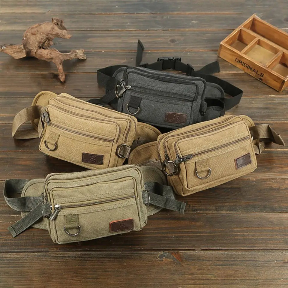 4-Layer Canvas Waist Pack - Large Capacity Multi-Functional Belt Bag with Phone Pocket
